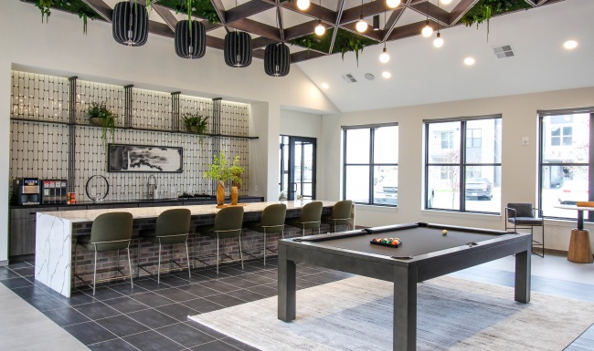 Billiards table and resident kitchen